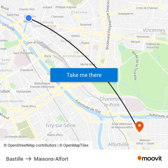 Bastille to Maisons-Alfort map