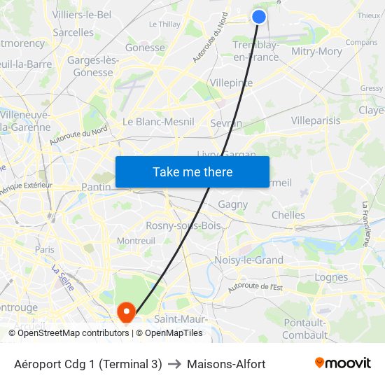 Aéroport Cdg 1 (Terminal 3) to Maisons-Alfort map