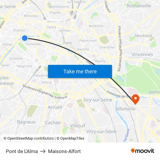 Pont de L'Alma to Maisons-Alfort map