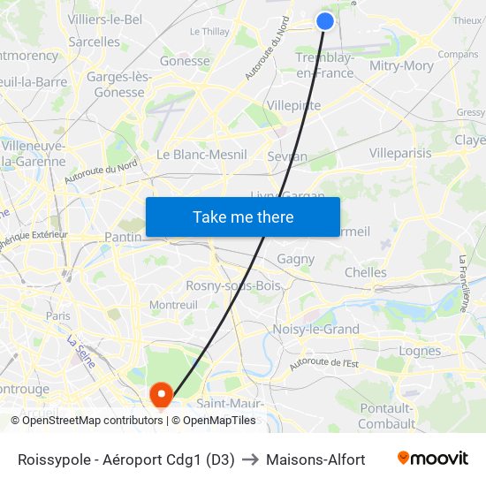 Roissypole - Aéroport Cdg1 (D3) to Maisons-Alfort map