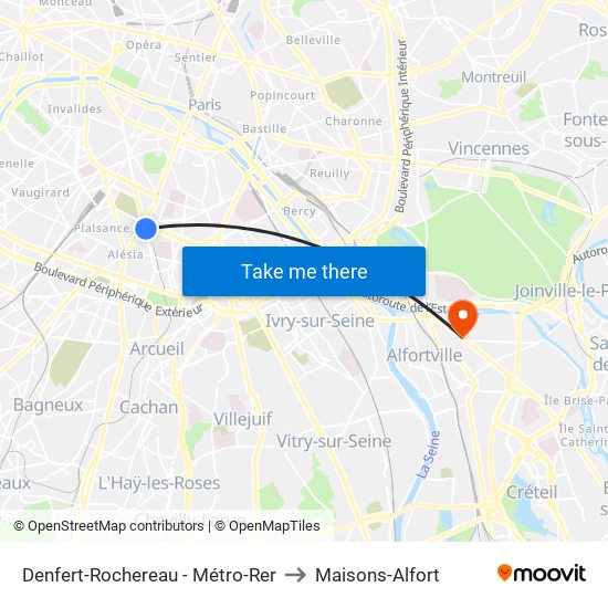 Denfert-Rochereau - Métro-Rer to Maisons-Alfort map