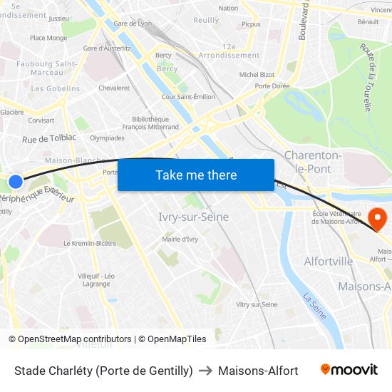 Stade Charléty (Porte de Gentilly) to Maisons-Alfort map