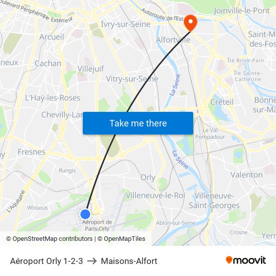 Aéroport Orly 1-2-3 to Maisons-Alfort map