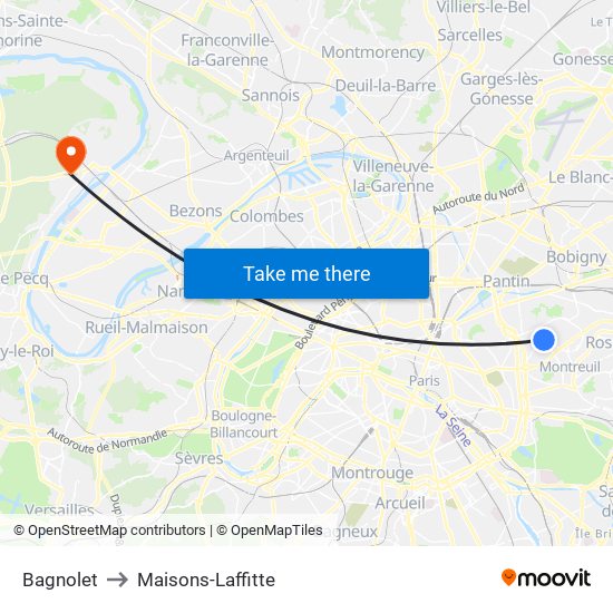 Bagnolet to Maisons-Laffitte map