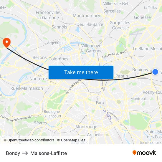Bondy to Maisons-Laffitte map