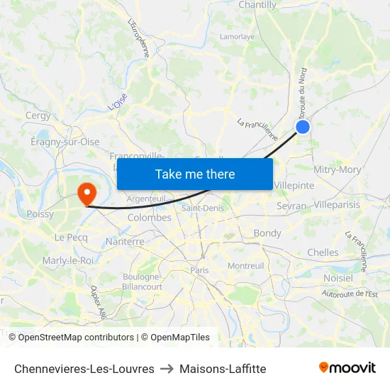 Chennevieres-Les-Louvres to Maisons-Laffitte map