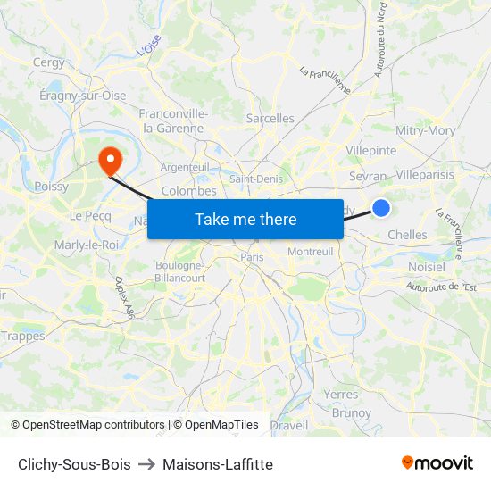 Clichy-Sous-Bois to Maisons-Laffitte map