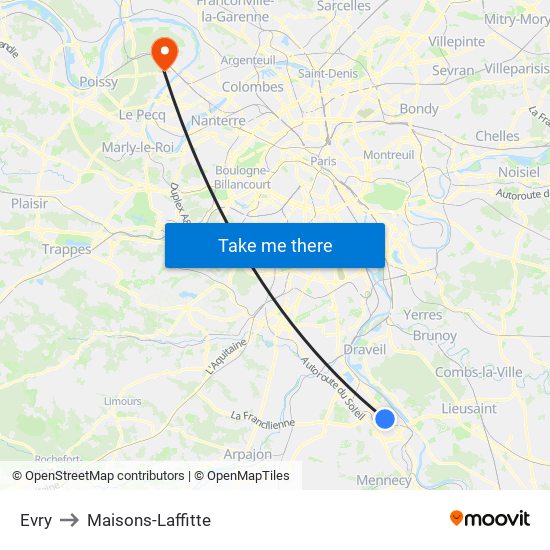 Evry to Maisons-Laffitte map