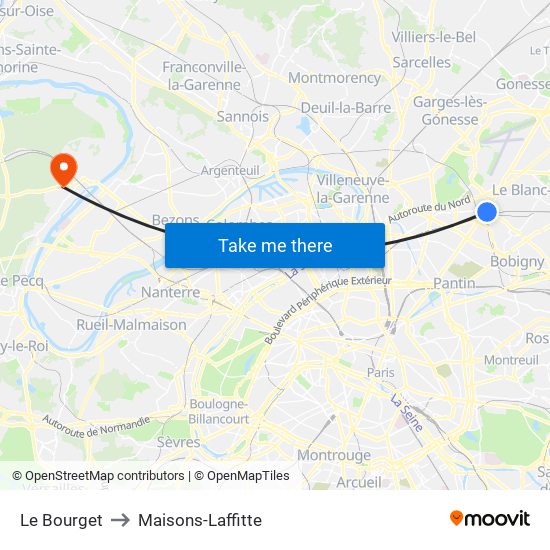Le Bourget to Maisons-Laffitte map