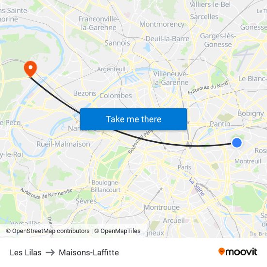 Les Lilas to Maisons-Laffitte map
