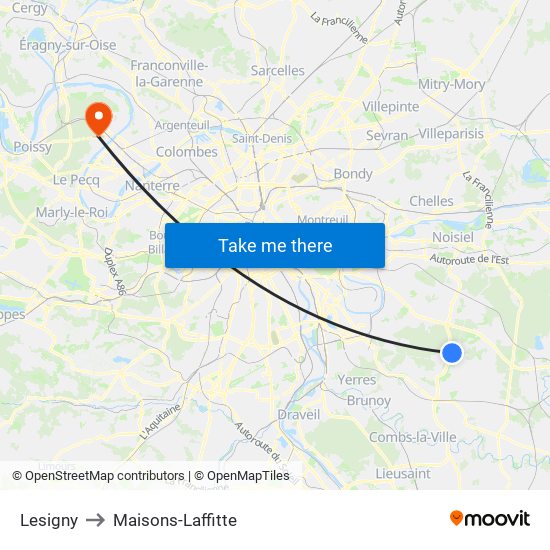 Lesigny to Maisons-Laffitte map