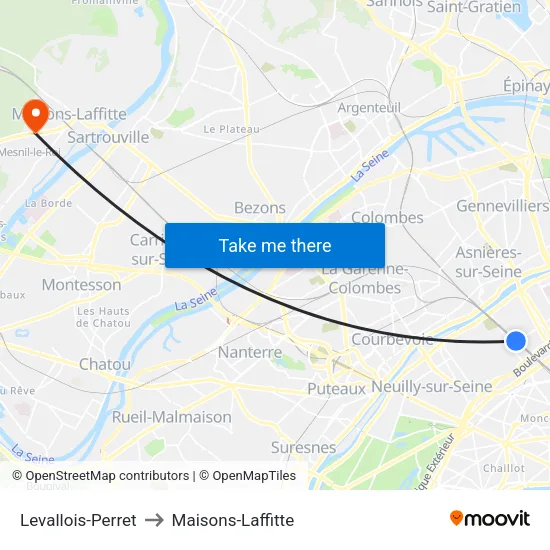 Levallois-Perret to Maisons-Laffitte map