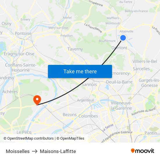 Moisselles to Maisons-Laffitte map