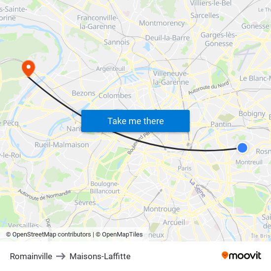 Romainville to Maisons-Laffitte map