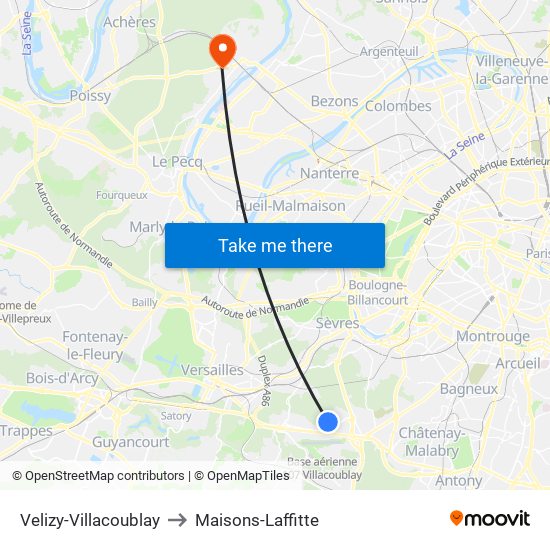 Velizy-Villacoublay to Maisons-Laffitte map