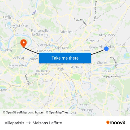Villeparisis to Maisons-Laffitte map