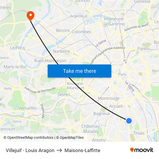 Villejuif - Louis Aragon to Maisons-Laffitte map