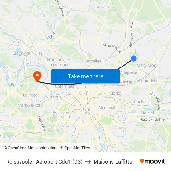 Roissypole - Aéroport Cdg1 (D3) to Maisons-Laffitte map