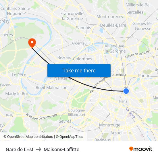 Gare de L'Est to Maisons-Laffitte map