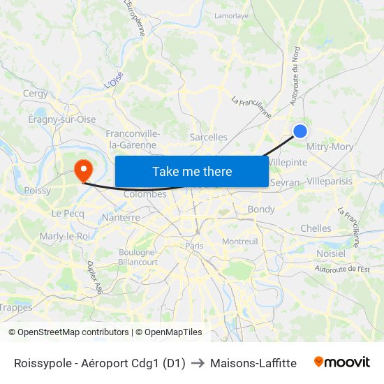 Roissypole - Aéroport Cdg1 (D1) to Maisons-Laffitte map