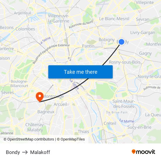 Bondy to Malakoff map
