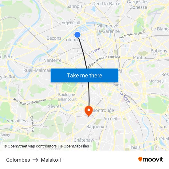 Colombes to Malakoff map