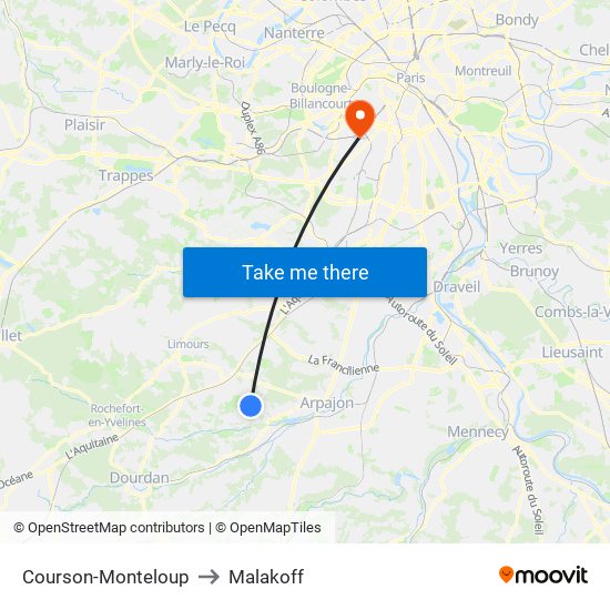 Courson-Monteloup to Malakoff map