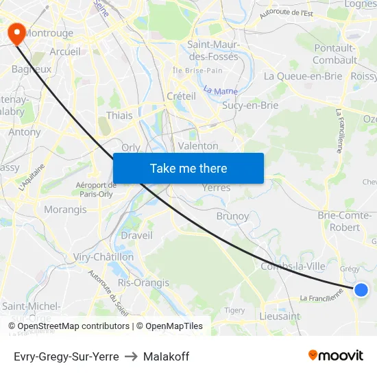 Evry-Gregy-Sur-Yerre to Malakoff map