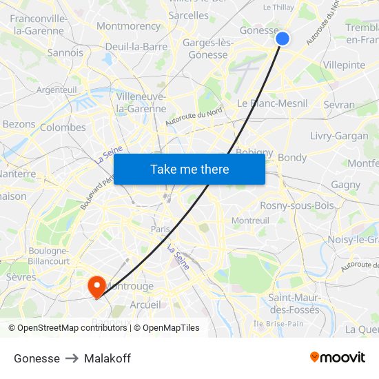 Gonesse to Malakoff map