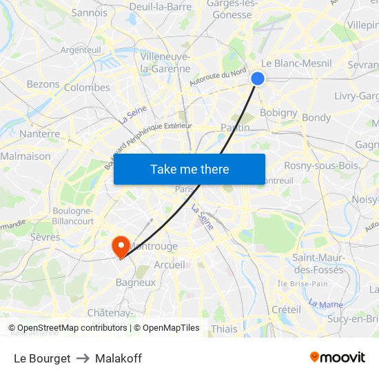 Le Bourget to Malakoff map