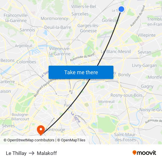 Le Thillay to Malakoff map