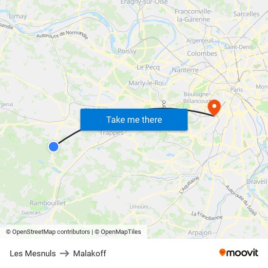 Les Mesnuls to Malakoff map