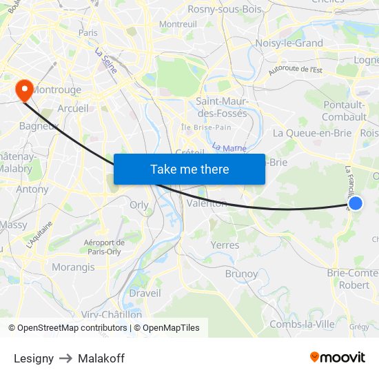Lesigny to Malakoff map