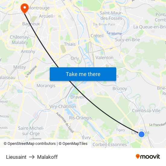 Lieusaint to Malakoff map