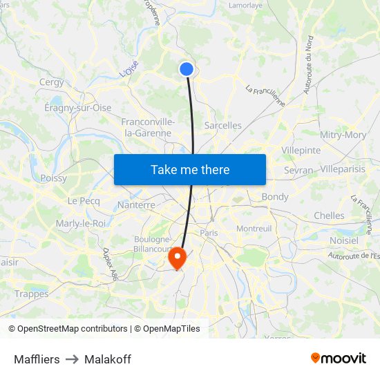 Maffliers to Malakoff map