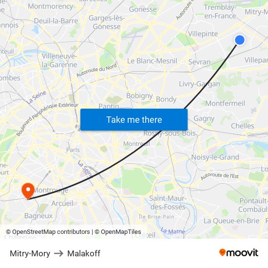 Mitry-Mory to Malakoff map