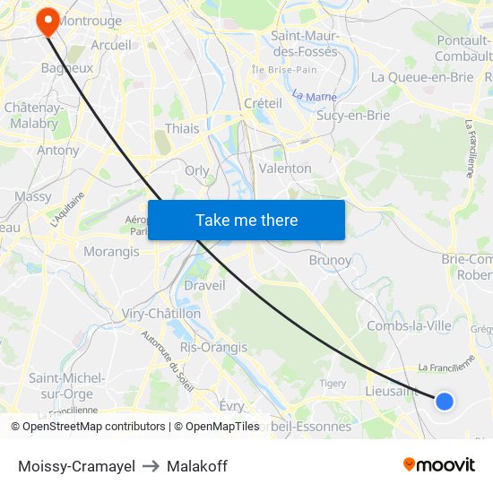 Moissy-Cramayel to Malakoff map