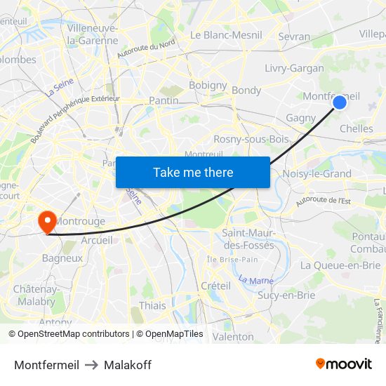 Montfermeil to Malakoff map