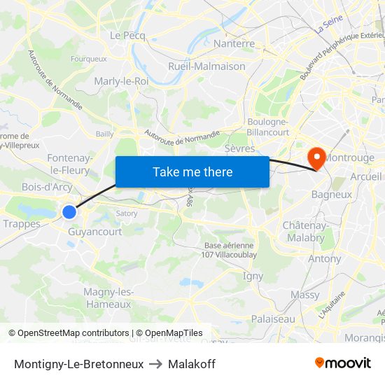 Montigny-Le-Bretonneux to Malakoff map