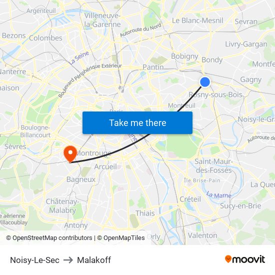 Noisy-Le-Sec to Malakoff map