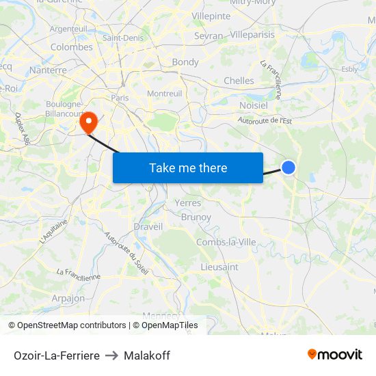 Ozoir-La-Ferriere to Malakoff map