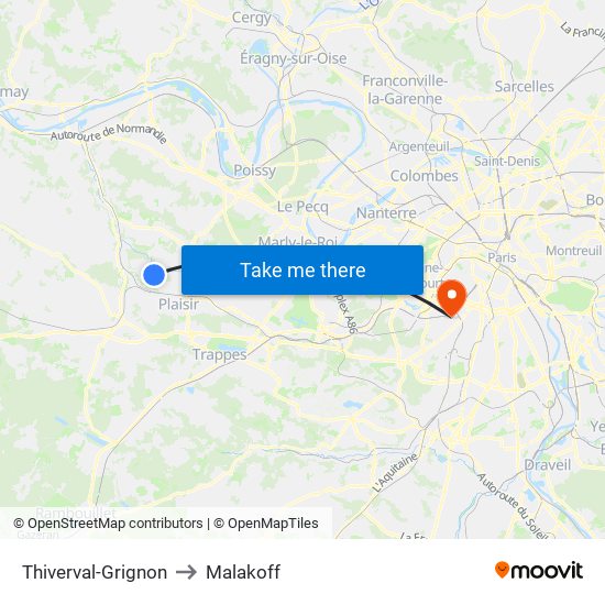 Thiverval-Grignon to Malakoff map