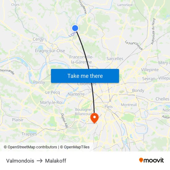 Valmondois to Malakoff map