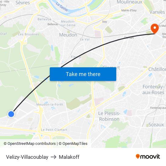 Velizy-Villacoublay to Malakoff map