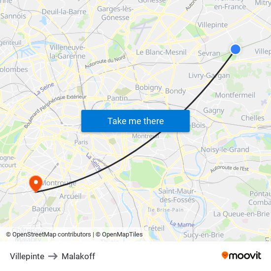 Villepinte to Malakoff map