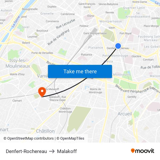 Denfert-Rochereau to Malakoff map