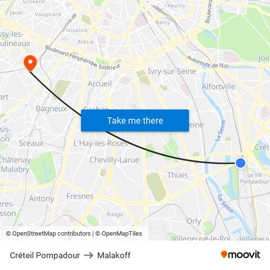 Créteil Pompadour to Malakoff map
