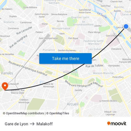 Gare de Lyon to Malakoff map