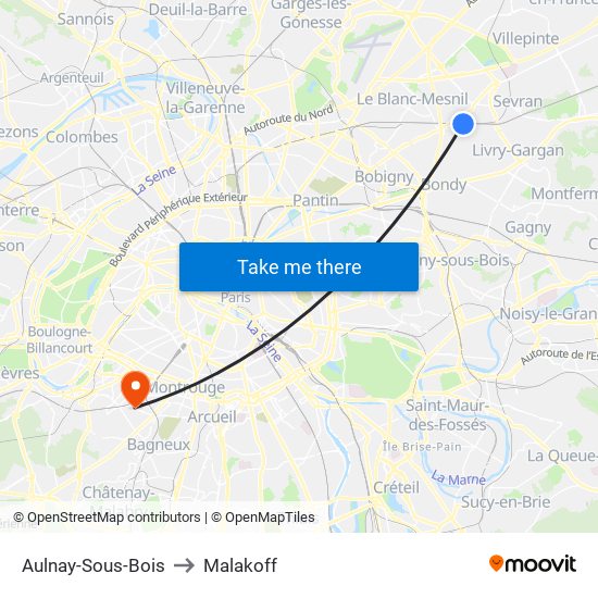 Aulnay-Sous-Bois to Malakoff map