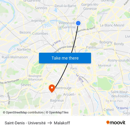 Saint-Denis - Université to Malakoff map